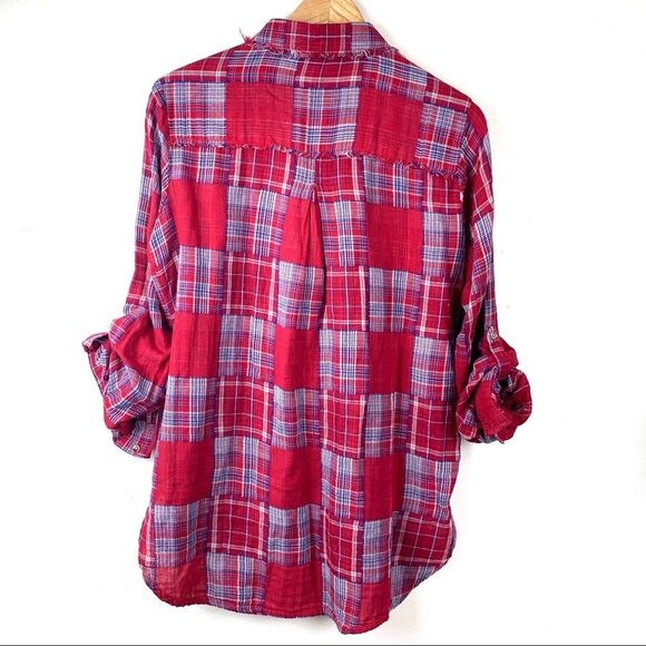 7 For All Mankind Red Flannel Color-block Shirt Size Medium - Picture 2 of 9